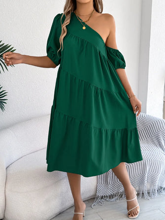 Emerald Green One Shoulder Tiered Dress for Women Dark Green