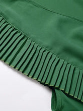 Emerald Green Pleated Dress with Waist Stretch and V Neckline