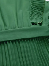 Emerald Green pleated dress with ruffled collar, V neckline and waist stretch