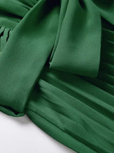 Emerald Green Pleated Dress with Ruffled Sleeves and V Neckline