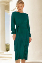 Emerald Green Pleated Midi Dress With Long Sleeve Length Deep Teal