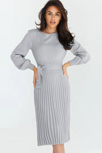 Emerald Green Pleated Midi Dress With Long Sleeve Length Light Gray