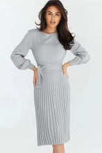 Emerald Green Pleated Midi Dress With Long Sleeve Length Light Gray Woman Sweater Dresses