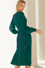 Emerald Green Pleated Midi Dress With Long Sleeve Length