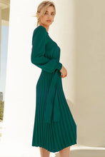 Emerald Green Pleated Midi Dress With Long Sleeve Length