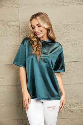 Emerald Green Satin T Shirt with Round Neck and Regular Sleeve Length Black Forest