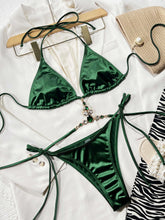 Emerald Green Velvet Bikini with Gold Chain and Jeweled Accents Forest