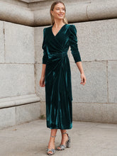 Emerald Green Velvet Midi Wrap Dress Evening Style Dark Green