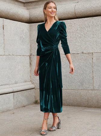 Emerald Green Velvet Midi Wrap Dress Evening Style Dark Green