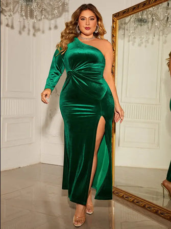 Emerald Green Velvet One-Shoulder Maxi Dress with Sleeve Length Detail Green Maxi Dresses