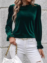 Emerald Green Velvet Ruffled Blouse for Women