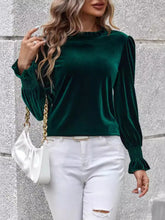Emerald Green Velvet Ruffled Blouse for Women