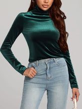 Emerald Green Velvet Turtleneck Top for Women Deep Teal