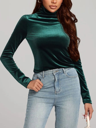 Emerald Green Velvet Turtleneck Top for Women Deep Teal