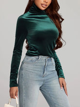 Emerald Green Velvet Turtleneck Top for Women