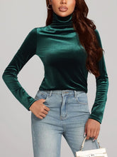 Emerald Green Velvet Turtleneck Top for Women
