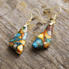 Pair of gold-plated geometric earrings with colorful gemstone drops
