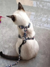 Escape proof cat harness in navy blue floral pattern with leash