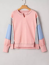 Pink light blue and gray color block patchwork oversize v neck sweatshirt with exposed seams and slit cuffs