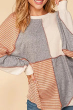 Women’s exposed seam color block round neck long-sleeved patchwork top