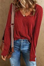 Women’s dark red exposed seam V-neck long sleeve T-shirt