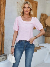 Women’s light pink eyelet asymmetrical neck short sleeve top