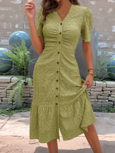 Eyelet Button Front V-Neck Midi Dress Matcha Green Woman Casual Dress