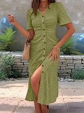 Eyelet Button Front V-Neck Midi Dress Woman Casual Dress