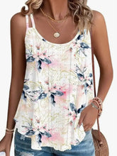 Eyelet double strap cami with floral print sleeveless top in cream fabric featuring pink navy blossoms and vertical stitching