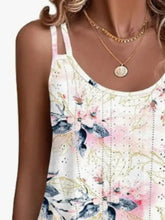 Eyelet double strap cami in white with pink and blue floral blossoms featuring thin straps and subtle dotted detailing