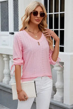 Light pink eyelet drawstring V-neck half sleeve T-shirt with button details