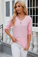 Women’s light pink eyelet drawstring half sleeve V-neck top