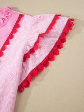 Pink and red floral eyelet embroidered flutter sleeve blouse with contrast lace trim and ruffled sleeves