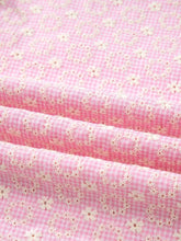 Pink gingham eyelet embroidered flutter sleeve blouse with white daisies and contrast lace trim detailing