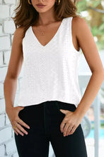 White eyelet knit patterned sleeveless loose v neck top with eyelet lace detailing for casual wear