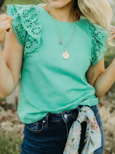 Mint green eyelet lace ruffled cap sleeve top with delicate lace ruffled sleeves for elegant wear