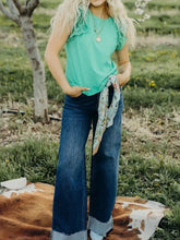 Mint green eyelet lace ruffled cap sleeve top with lace trim and short sleeves for elegant casual wear