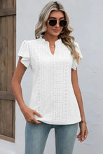 White eyelet notched flutter sleeve T-shirt with ruffle cuffs