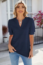Navy blue eyelet notched puff sleeve V-neck T-shirt