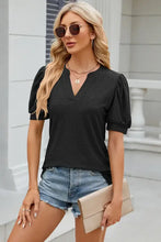 Eyelet notched puff sleeve T-shirt with short sleeve length and V-neck