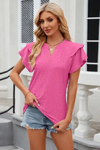 Bright pink eyelet notched short sleeve V-neck top with denim shorts