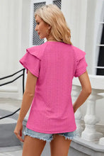 Women’s hot pink eyelet notched short sleeve T-shirt with ruffles