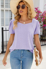 Lilac women’s eyelet puff sleeve t-shirt with short sleeve length