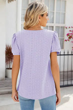 Eyelet puff sleeve T-shirt in light purple with eyelet embroidery