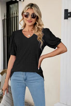 Eyelet Puff Sleeve V-Neck Top Black Woman T Shirts