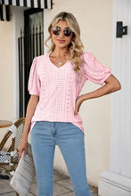 Eyelet Puff Sleeve V-Neck Top Blush Pink Woman T Shirts