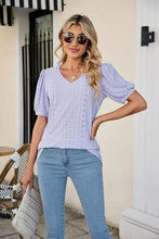 Eyelet Puff Sleeve V-Neck Top Lavender Woman T Shirts