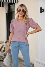 Eyelet Puff Sleeve V-Neck Top Pink Purple Woman T Shirts