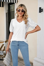 Eyelet Puff Sleeve V-Neck Top White Woman T Shirts
