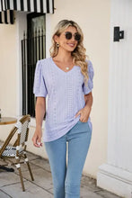 Eyelet Puff Sleeve V-Neck Top Woman T Shirts